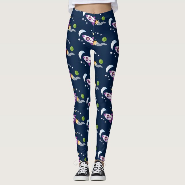 Cute rocket ship in space cartoon illustration leggings (Front)