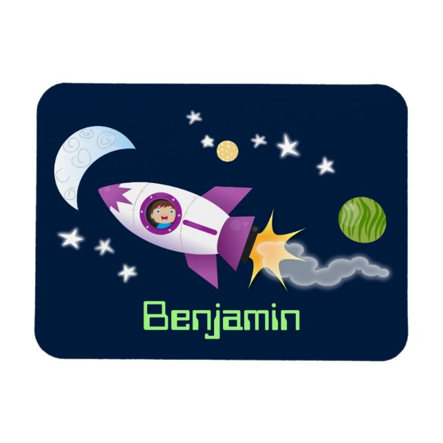 Cute rocket ship in space cartoon illustration magnet (Horizontal)