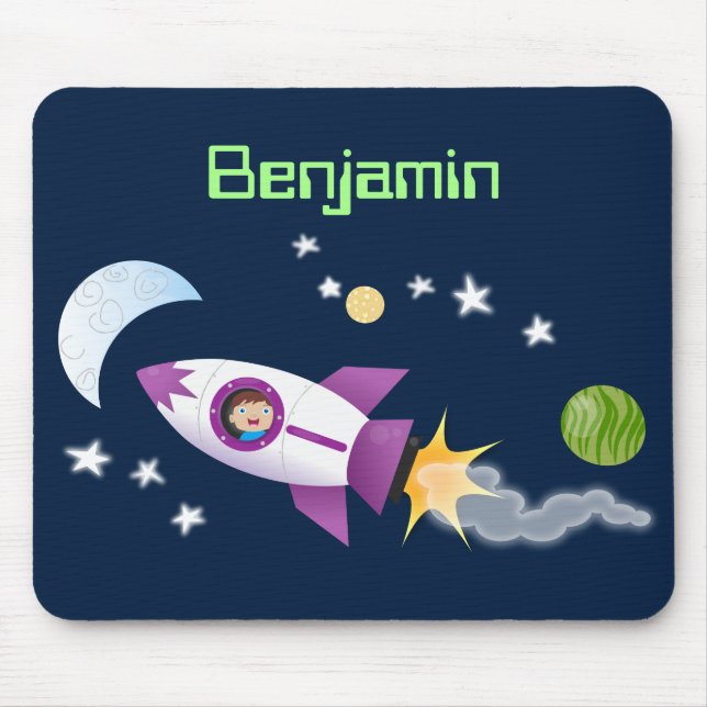 Cute rocket ship in space cartoon illustration mouse mat (Front)