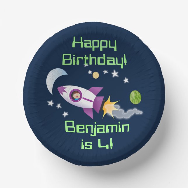 Cute rocket ship in space cartoon illustration paper plate (Front)