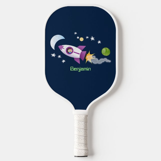 Cute rocket ship in space cartoon illustration  pickleball paddle (Front)