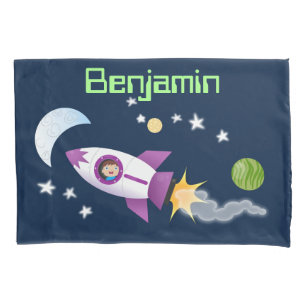 Cute rocket ship in space cartoon illustration pillowcase