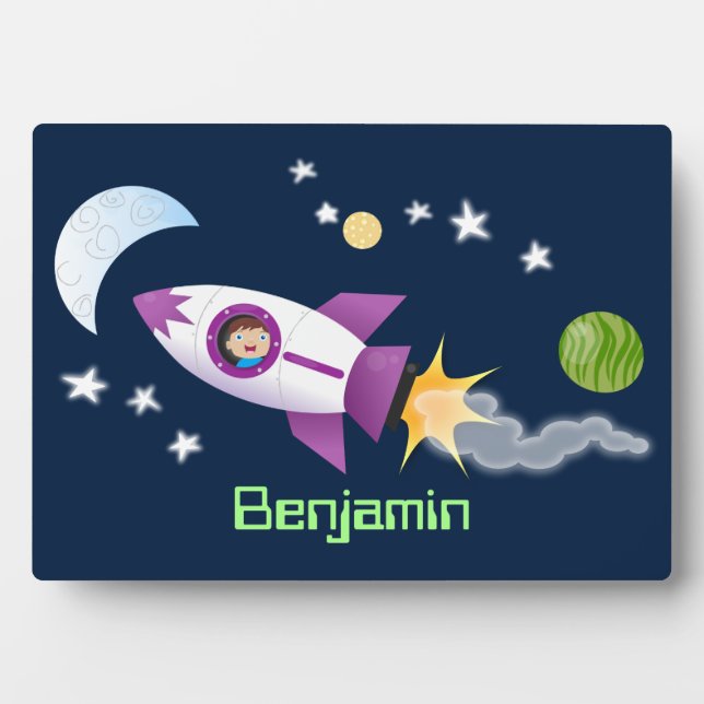 Cute rocket ship in space cartoon illustration plaque (Front)
