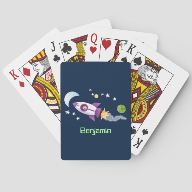 Cute rocket ship in space cartoon illustration playing cards (Back)
