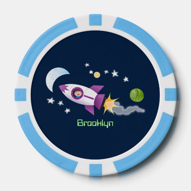Cute rocket ship in space cartoon illustration poker chips (Front)