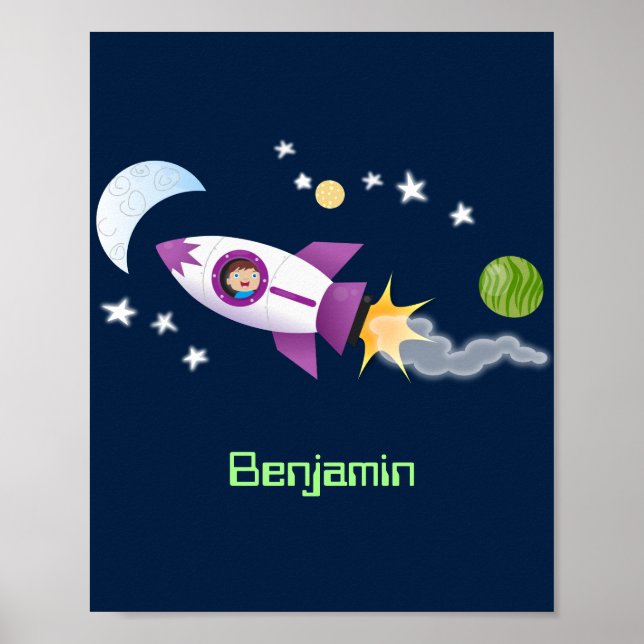 Cute rocket ship in space cartoon illustration poster (Front)