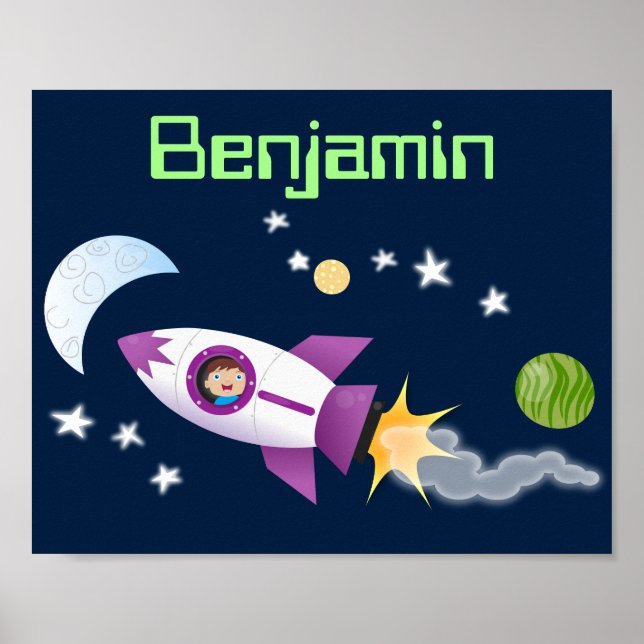 Cute rocket ship in space cartoon illustration poster (Front)