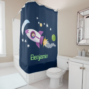 Cute rocket ship in space cartoon illustration shower curtain