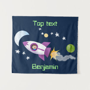 Cute rocket ship in space cartoon illustration  tapestry