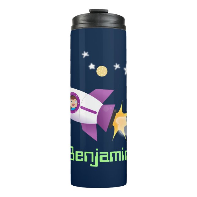 Cute rocket ship in space cartoon illustration thermal tumbler (Front)