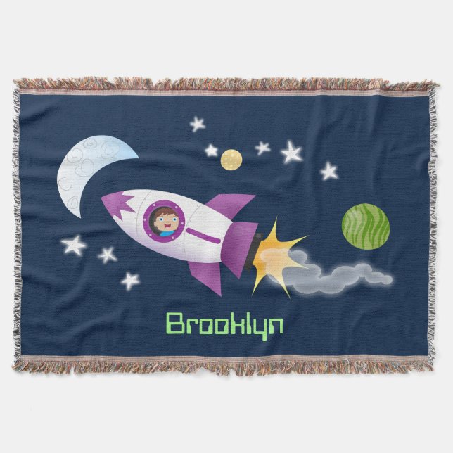 Cute rocket ship in space cartoon illustration throw blanket (Front)