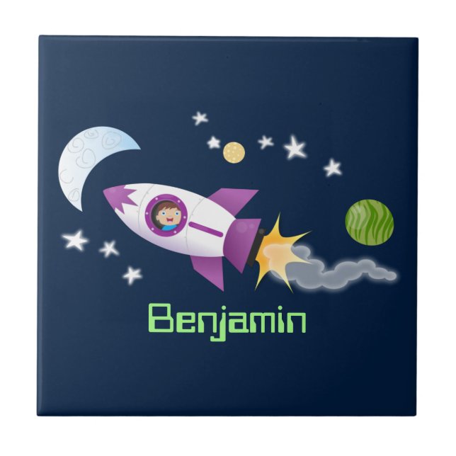 Cute rocket ship in space cartoon illustration tile (Front)