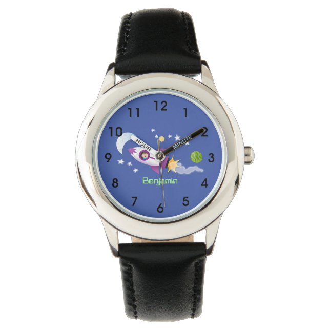 Cute rocket ship in space cartoon illustration watch (Front)