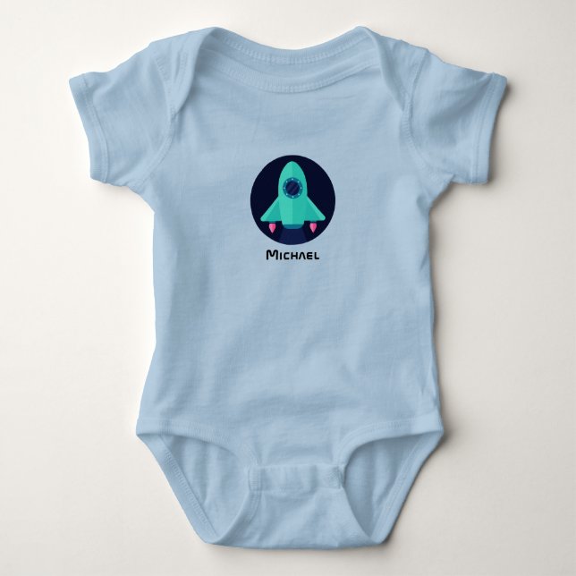 Cute Rocket Spaceship & Boy Name Space Theme Fun   Baby Bodysuit (Front)