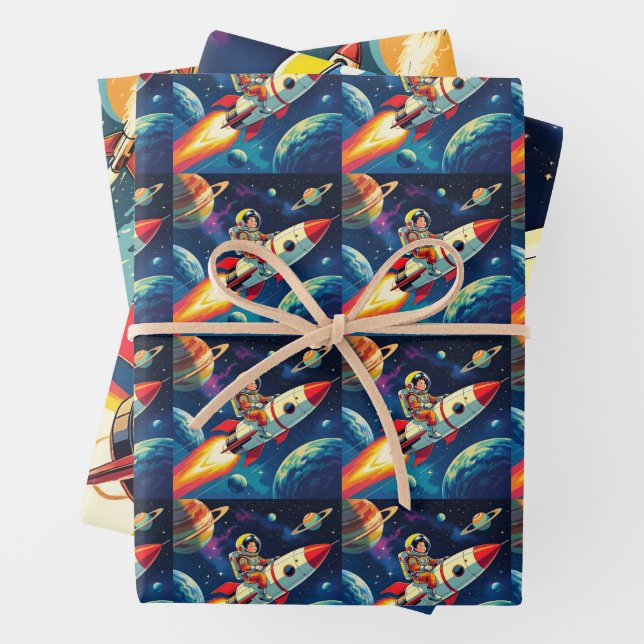 Cute Rockets in Space Astronaut Birthday Wrapping Paper Sheet (In situ)