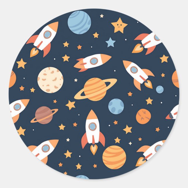Cute Rockets Planets Space Pattern Classic Round Sticker (Front)