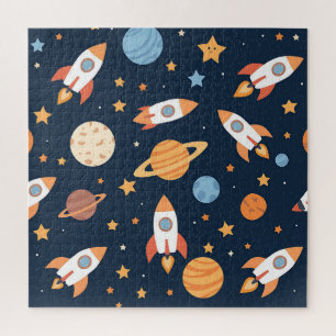 Cute Rockets Planets Space Pattern Jigsaw Puzzle