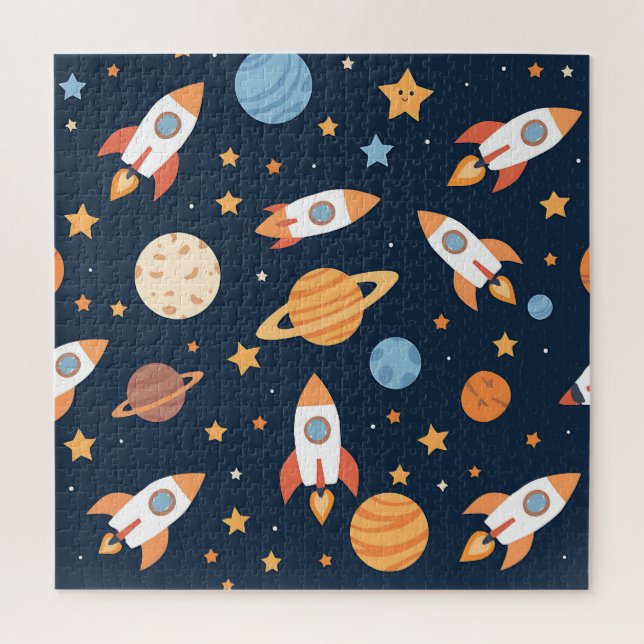 Cute Rockets Planets Space Pattern Jigsaw Puzzle (Vertical)