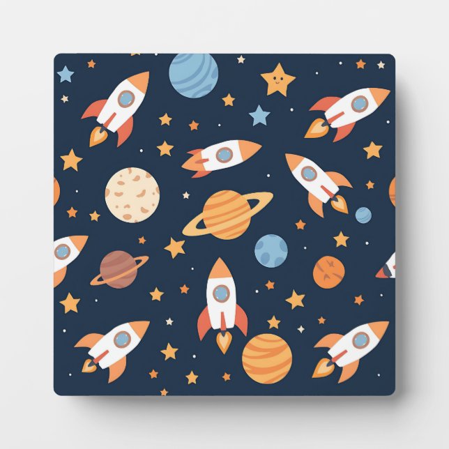 Cute Rockets Planets Space Pattern Plaque (Front)