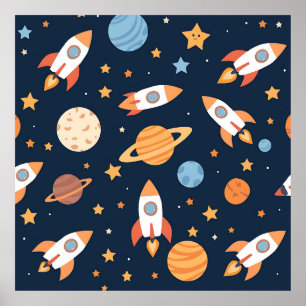 Cute Rockets Planets Space Pattern Poster