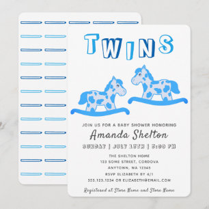 Cute Rocking Horse Blue Boy Twins Baby Shower Invitation