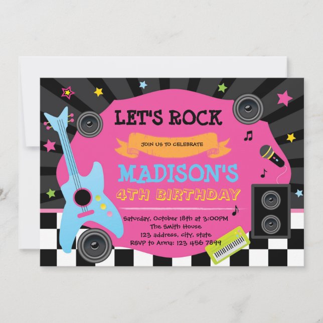 Cute rockstar birthday party invitation (Front)