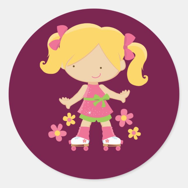 Cute Roller Skating Girl on Skates Gift Classic Round Sticker (Front)
