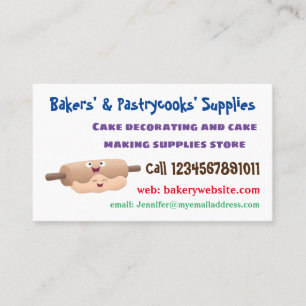 Cute rolling pin and dough pastry baking cartoon business card