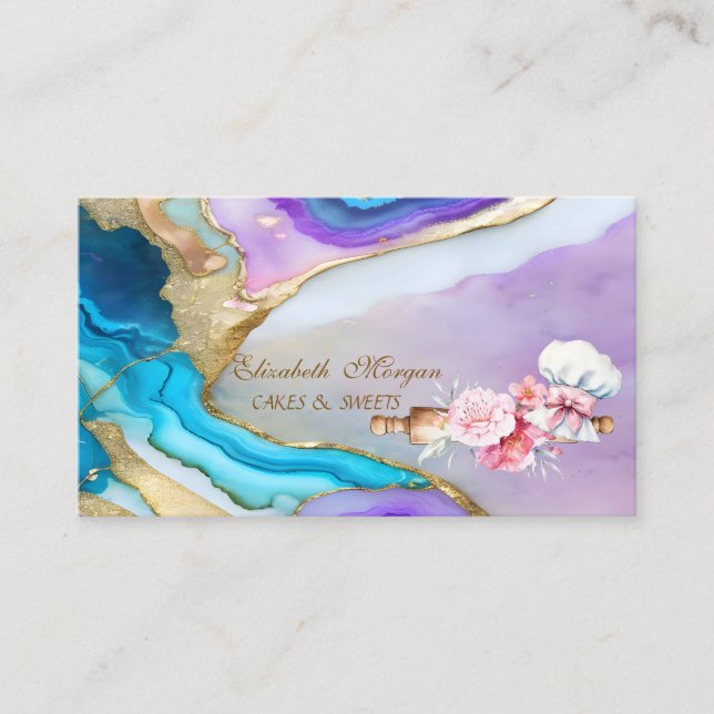 Cute Rolling Pin Flowers Bakery Holographic Business Card (Front)