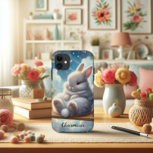 Cute Roly Poly Bunny With Glitter Clouds  iPhone 11 Case