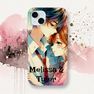 Cute Romantic Anime Couple Embracing Personalized iPhone 15 Mini Case