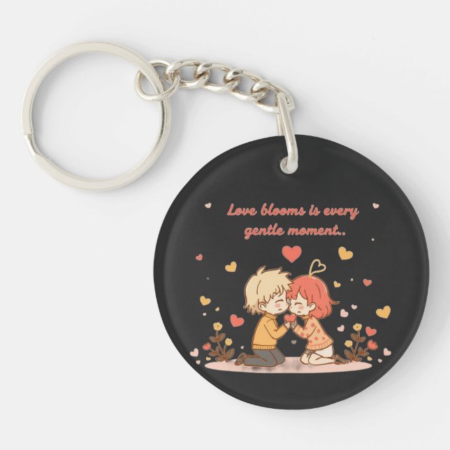Cute Romantic Anime Couple - Love Moment Key Ring (Front)