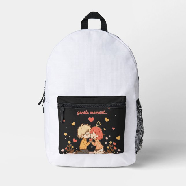 Cute Romantic Anime Couple - Love Moment Printed Backpack (Front)