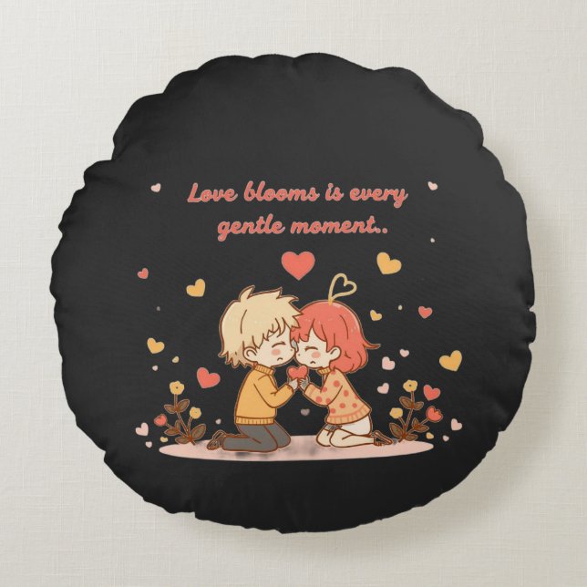 Cute Romantic Anime Couple - Love Moment Round Cushion (Front)
