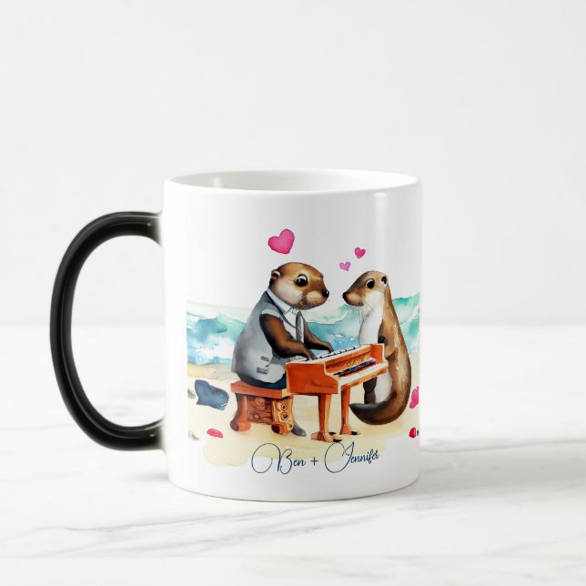 Cute Romantic Cartoon Otters Couple in Love Magic Mug (Left)