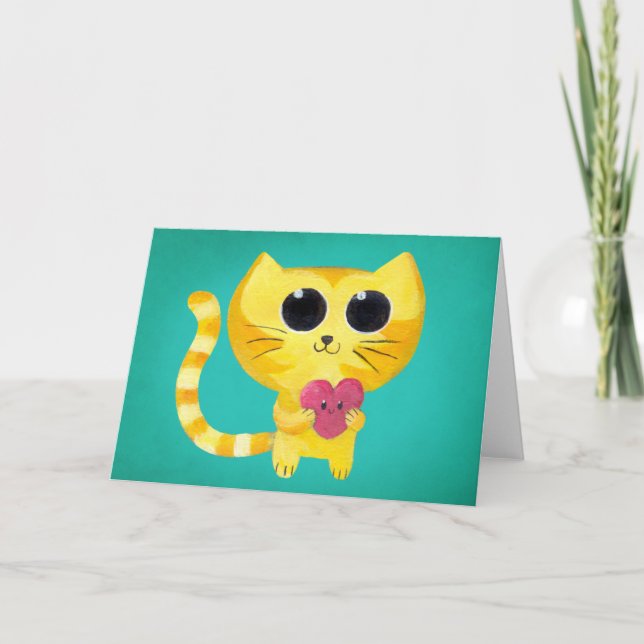 Cute Romantic Cat with Smiling Heart Holiday Card (Front)