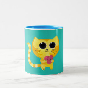 Cute Romantic Cat with Smiling Heart Two-Tone Coffee Mug