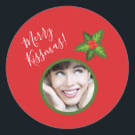 Cute Romantic Christmas Photo Mistletoe "Kissmas" Classic Round Sticker<br><div class="desc">A fun romantic "Merry Kissmas" with mistletoe. Replace the template photo with your own cute face and surprise your boyfriend,  girlfriend,  husband,  wife,  or crush! ;) The design is completely customisable - you can change the text colour,  font,  and size. Design also available on other products.</div>