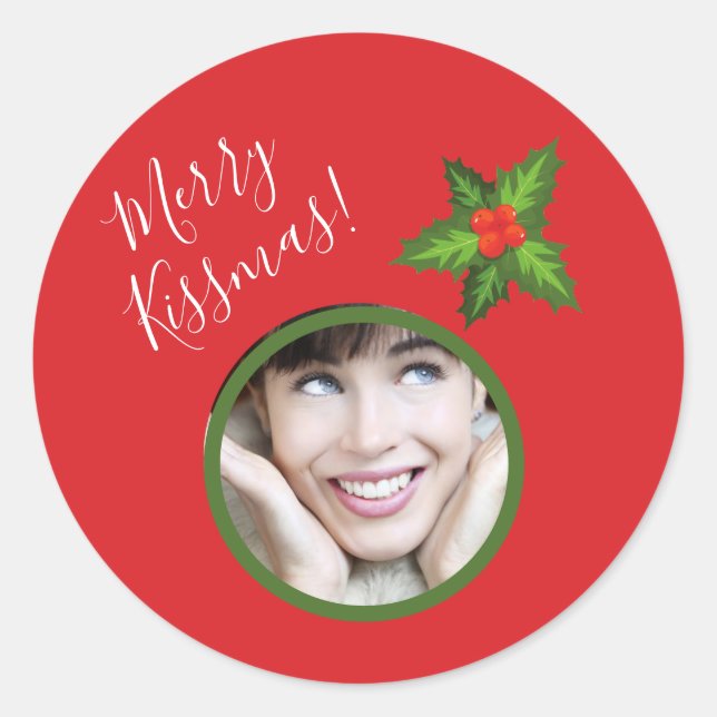 Cute Romantic Christmas Photo Mistletoe "Kissmas" Classic Round Sticker (Front)