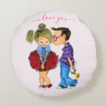 Cute Romantic Couple - Love - I Love You - Kiss Round Cushion<br><div class="desc">Cute Romantic Couple - Love - I Love You - Kiss Boy and Girl - Fun Painting - Choose / Add Your Unique Text / Name / Colour - Make Your Special Gift - Resize and move or remove / add elements - image / text with customisation tool. Painting and...</div>