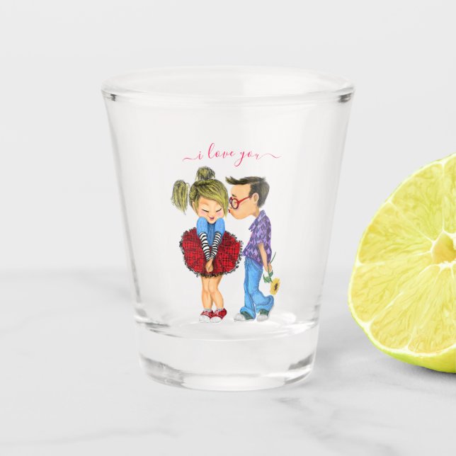 Cute Romantic Couple - Love - Valentine's Day Kiss Shot Glass (Front)