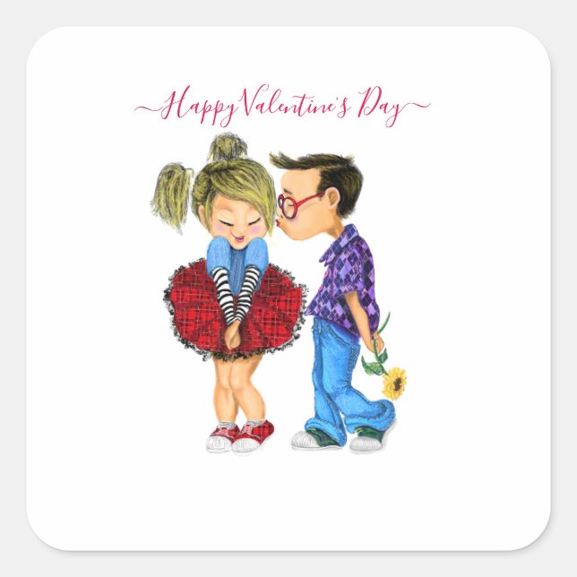Cute Romantic Couple - Love - Valentine's Day Kiss Square Sticker (Front)