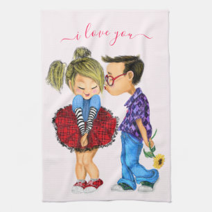 Cute Romantic Couple - Love - Valentine's Day Kiss Tea Towel