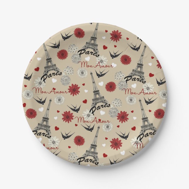Cute romantic Eiffel Tower, hearts, flowers Paper Plate (Front)