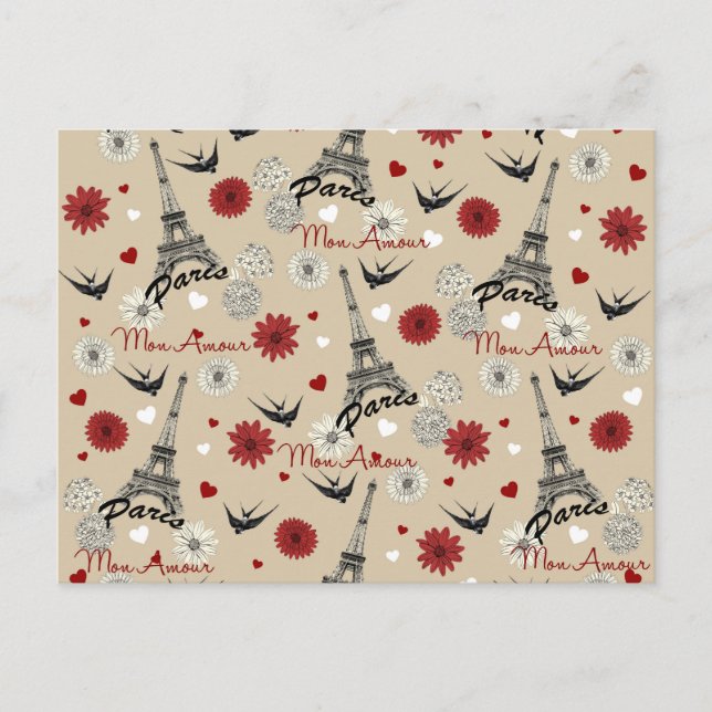 Cute romantic Eiffel Tower, hearts, flowers Postcard (Front)