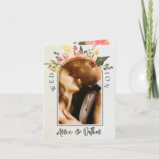 Cute Romantic Floral Arch Script 2 Photo Wedding Invitation (Front)