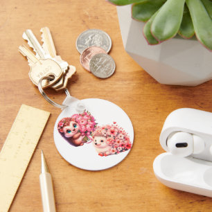 Cute Romantic Floral Hedgehog Duo Illustration Key Ring