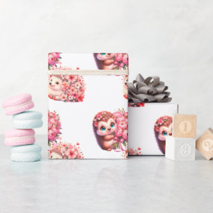  Cute Romantic Floral Hedgehog Duo Illustration Wrapping Paper