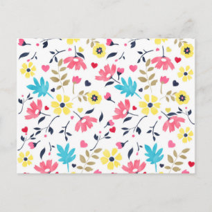 Cute romantic flowers hearts watercolour paint postcard