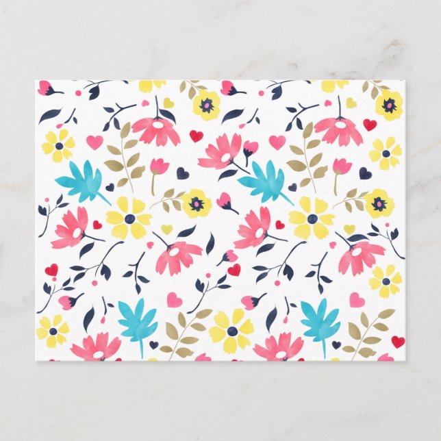 Cute romantic flowers hearts watercolour paint postcard (Front)